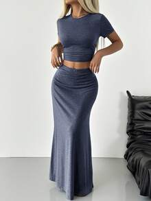 SHEIN EZwear 藏蓝色针织女式修身通勤套装 高挑两件套 端庄两件套 两件套 两件长裙套装 舒适两件套 长裙两件套 上衣和裙子套装 女式蓝色两件套 女式夏季套装 两件套 女式夏季套装 女式两件套 女式两件套休闲装 - 藏蓝色 - 查看 5