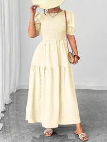 Elenzga Holidaya 大码优雅休闲纯色泡泡袖褶皱荷叶边连衣裙，适合日常通勤、办公、外出就餐、浪漫约会和度假，春夏新款女装连衣裙，夏季优雅连衣裙，褶皱女装，泡泡袖连衣裙，优雅连衣裙，长款连衣裙 - 米色 - 查看 3