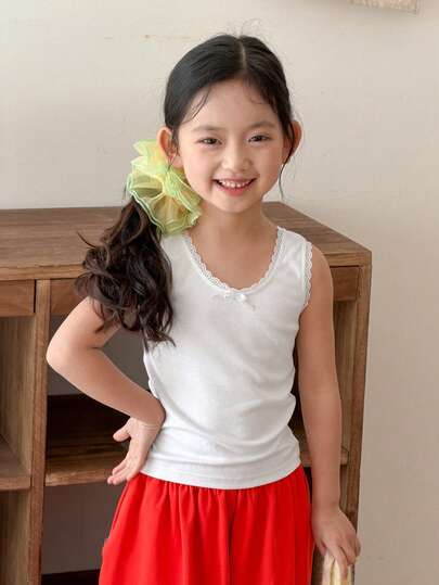 DAZY 3pcs Girls Fitted Vest Set With Bow Decor, Young Girl Fall Clothes