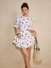 Poéselle Women's Floral Print White And Pink Summer Cottage Core Mini Dress,Puff Sleeve Backless Ruffle Hem Dress For Brunch,Wedding Guest Graduation Outfits - White - View 8