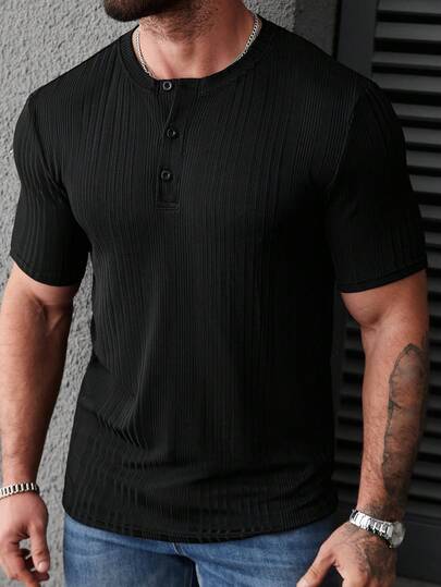 Manfinity CasualCool 男士休闲日常通勤纯色罗纹针织短袖半扣开衫T恤，夏季