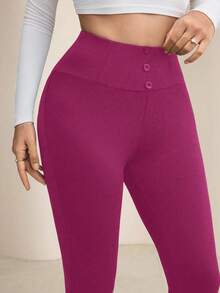 Modelyn Quần legging nữ màu trơn, thiết kế cài nút ở eo, kiểu dáng thường ngày thoải mái. - Màu Hồng Tươi - Xem 4