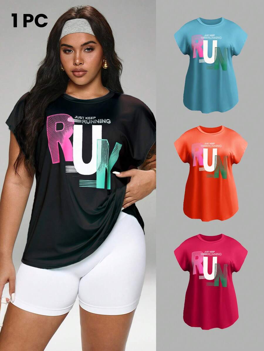 SHEIN Rhythm Era Plus Size Letter Graphic Sports Tee Compression Shirt Gym Women Shirts - Black - View 1