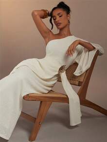 Hauture Women's Sexy Crochet Solid Asymmetrical Neckline Maxi Dress With Stylish Removable Metal Decor - White - View 1