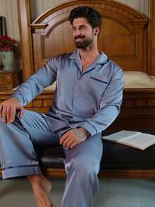 DAZY Twill Satin Fabric Haze Blue Shirt Paired With Men's Loungewear Set, Spring/Autumn - Blue - View 7