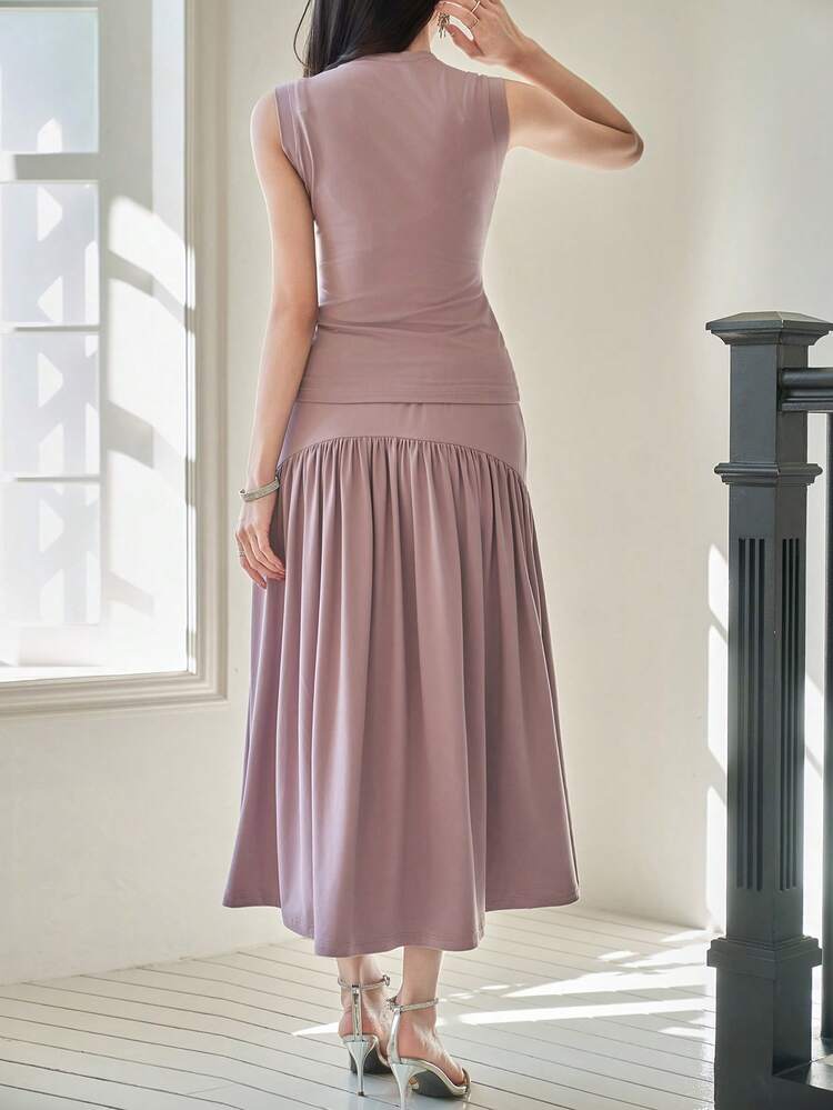 Women's Elegant Solid Color Mandarin Collar Camisole And Pleated Skirt 2-Piece Set, Summer