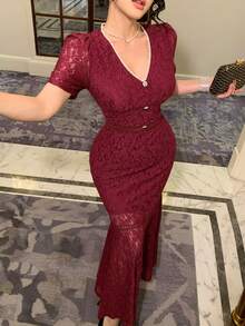 DAZY Women's Elegant Solid Color Lace V-Neck Puff Sleeve Fishtail Midi Dress, Summer Wedding Guest Dress Sundress - Burgundy - View 4