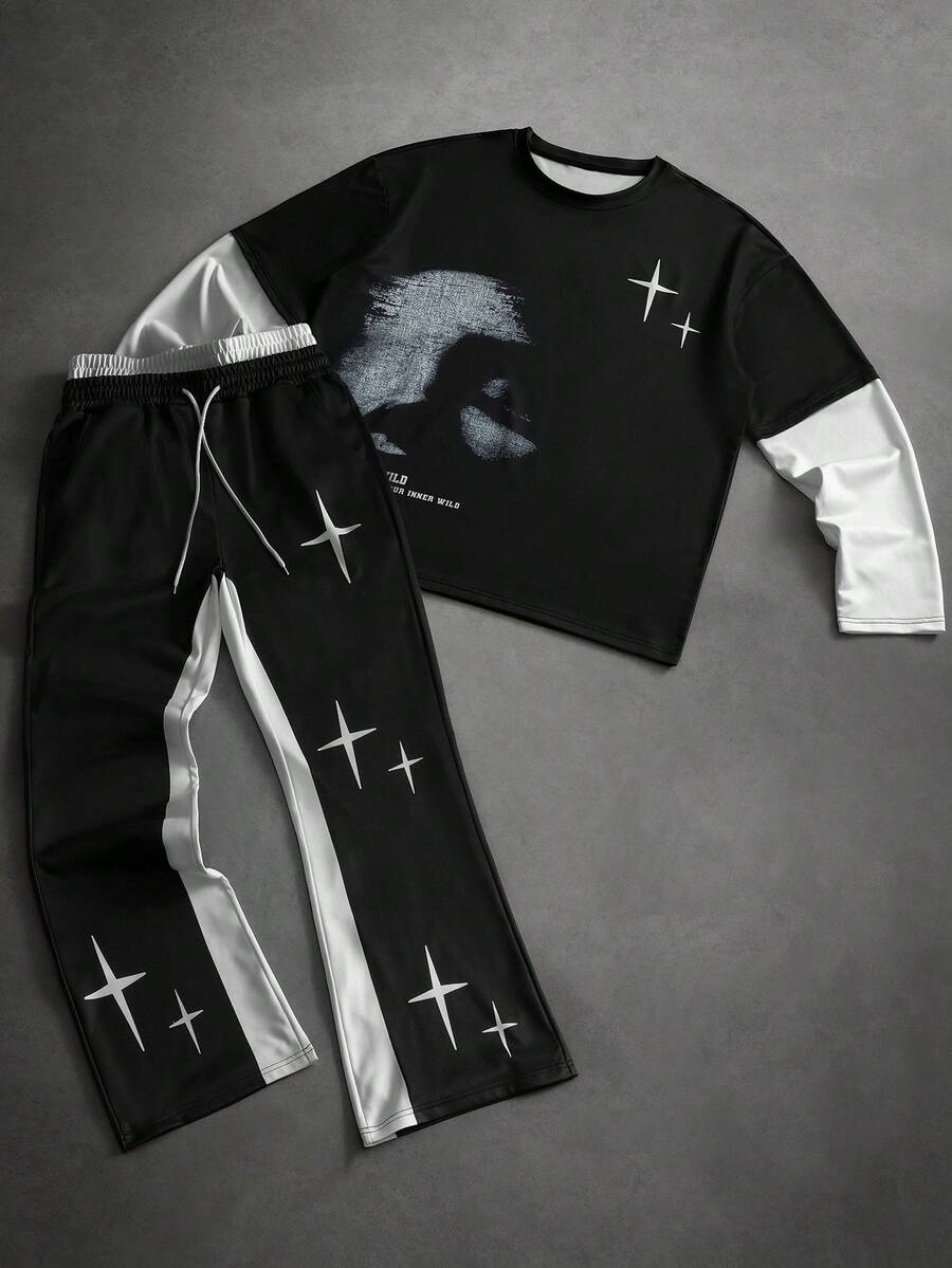 PAVTROS 男士字母印花圆领短袖T恤和抽绳腰休闲裤套装 - 彩色 - 查看 1