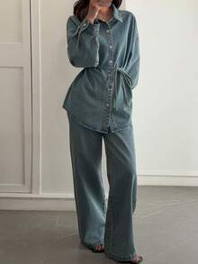 DAZY Women's Casual Loose Vacation Style Cinched Waist Shirt And Wide Leg Pants Set, Spring/Summer - Blue - View 5