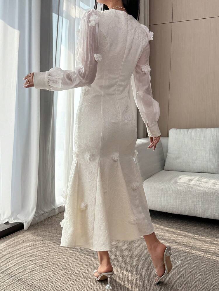 Textured Floral Decor Elegant Party Fitted Midi Dress For Women,Wedding Guest Dress Women Sundress