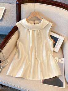Franclia Women's Elegant Vest, French Minimalist Style, Pearlescent Fabric, Pleated Peter Pan Collar, Romantic And Gentle Design, Fashionable Vest, Versatile For Everyday Wear And Commuting, Sleeveless Top - Champagne - View 3