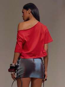 MUSERA 肩部印花豹纹超大短款T恤，酷女孩必备，外出性感，豹纹印花，女士服装，圣诞节女装，优雅假日，春夏派对 - 紅色 - 查看 3