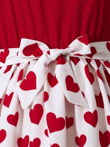 SHEIN Tween Girl Heart Print Ruffle Tie Waist Asymmetric Neck Dress - Red - View 4