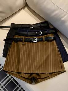 SHEIN ChicEase Maillard 条纹修身短裙，开衩设计，防走光女士短裙 - 棕色 - 查看 5