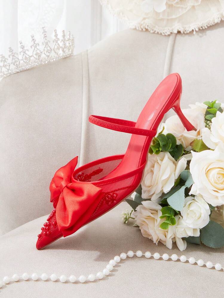 CUCCOO HITCHD Women's Elegant Pointy Toe Slingback High Heels With Beaded Mesh, Romantic Lace Design, Black Color, Suitable For Weddings, Parties, Formal Occasions Valentine's Day Elegant Shoes