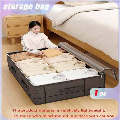 SHEIN 1PC Đồ lưu trữ phòng ngủ, Bộ sắp xếp đồ giường dung tích lớn, Túi lưu trữ đa chức năng dưới gầm giường, Túi đựng quần áo, Trợ thủ đắc lực cho việc sắp xếp nhà cửa đơn giản, Làm cho không gian của bạn ngăn nắp, Hộp lưu trữ gấp bằng vải, Nhà ảo thuật không gian, Truy cập thuận tiện, Không phải lo lắng theo mùa., Phong cách Boho