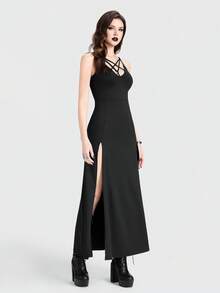 Breakform Đầm Gothic gợi cảm dành cho nữ, cổ chữ V khoét rỗng hình ngôi sao năm cánh, dây mảnh, ôm sát cơ thể, xẻ tà cao. - màu đen - Xem 5