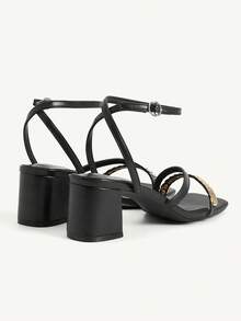 CUCCOO CHICEST Women's Black Square Toe Chunky Heel Sandals, Elegant Fashion Metallic Glitter Ankle Strap, Suitable For Valentine's Day Party And Elegant Outfit - Black - View 5