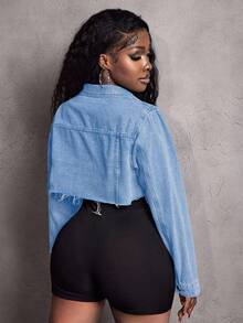Slaydiva Áo khoác denim nữ dáng ngắn, phong cách thường ngày, bạc màu và rách rưới. - Màu xanh lam - Xem 3