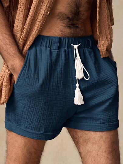 HIMLAND Men's Blue Plain Woven Fabric Short Casual Shorts With Knot Detail For Sports And Outdoor Activities Men Vacation Short Sets Navy Blue Swim Trunks Manfinity Men Short Set Men Linen Short Set Men Drawstring Shorts