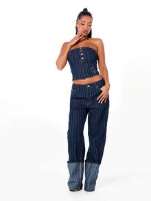 BABYPHAT 条纹牛仔翻边牛仔裤，饰有刺绣文字细节，高腰阔腿复古水洗棉质休闲裤，秋冬时尚单品 - 藍色 - 查看 5