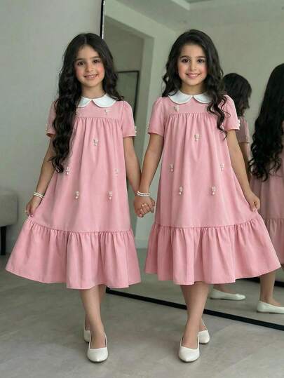 SHEIN Vestido suelto y elegante para niña preadolescente con cuello Peter Pan, botones de perla y detalles de color contrastante