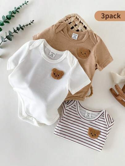 SHEIN 3件套新生男宝宝圆领短袖竹节图案纯色条纹小熊刺绣可爱休闲复古按扣连体衣，适合夏季外出或公园玩耍