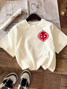 DrmWander Kỳ nghỉ, Mùa xuân, Trang phục nghỉ dưỡng dành cho nữ, Áo thun in hình trái tim dễ thương mùa xuân, Áo thun tay ngắn in hình. - Màu be - Xem 2