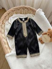 男婴/女婴传统编织边饰圆领长袖连体衣，休闲百搭 - 黑色 - 查看 4