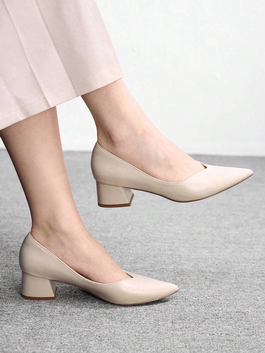 CUCCOO BIZCHIC Women's Apricot Matte Minimalist Classic Pointed Toe Office/Commute Business Chunky Heel Pumps - Apricot - View 1