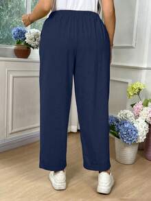 Breezaya Quần ống rộng nữ cỡ lớn màu trơn, cạp chun có dây rút, túi, chất liệu cotton. - Xanh đậm - Xem 2