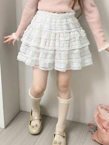 Genkimix Kids 女童甜美可爱纯色针织提花双层蛋糕裙，适合日常穿着、运动和度假 - 白色 - 查看 1