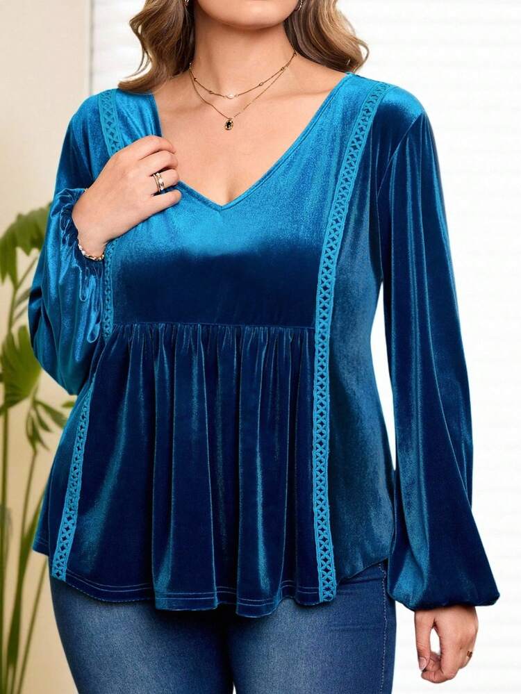Plus Size Women V-Neck Lantern Sleeve Ruffle Hem Elegant Long Sleeve Velvet Blouse Valentine Spring Break Summer Holiday Carnival Weddings & Events Elegant,Vacation Carnival Costume For Women Beach Vacation