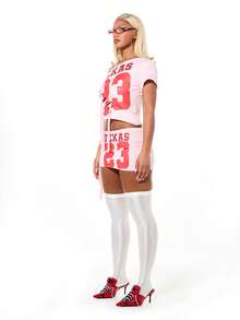 SUMWON WOMEN 德州23号镂空系带露肩短袖棒球风短款T恤 - 粉色 - 查看 5