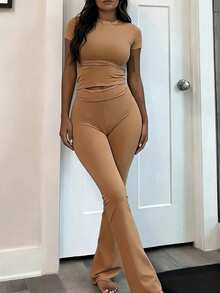 INAWLY Solva Bộ đồ hai mảnh áo thun tay ngắn màu trơn và quần ống loe cho nữ - Màu Khaki - Xem 4