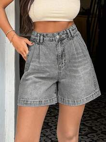 EURMUSE 100%Cotton HIGH WAIST PENS DETAILED STRAIGHT CUT SHORT - Grey - View 5