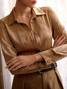 MOTF PREMIUM METAL BUCKLE DECOR LONG SLEEVE SATIN HOLLOW STRIPED SHIRT, FASHIONABLE FOR COMMUTING, VINTAGE STYLE - Champagne - View 3