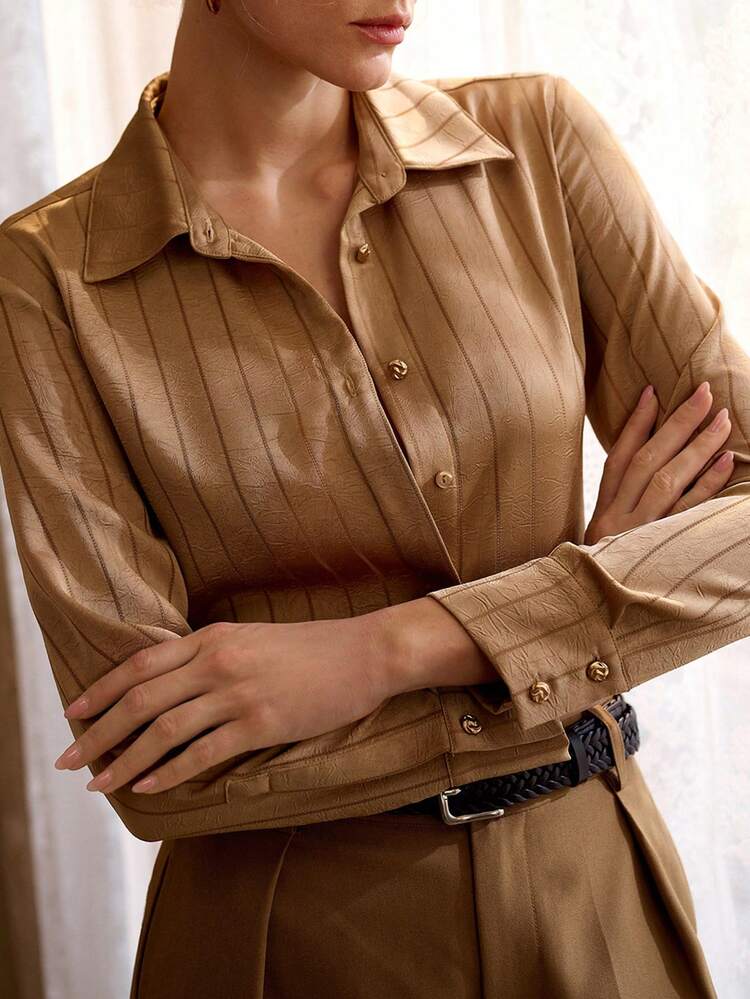METAL BUCKLE DECOR LONG SLEEVE SATIN HOLLOW STRIPED SHIRT, FASHIONABLE FOR COMMUTING, VINTAGE STYLE