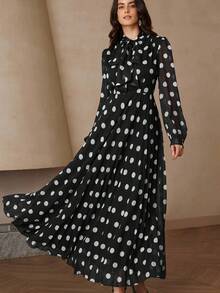 Aveloria Rosie French Romantic Ruffled Polka Dot Waist Dress With Long Sleeves, Printed - Black - View 5