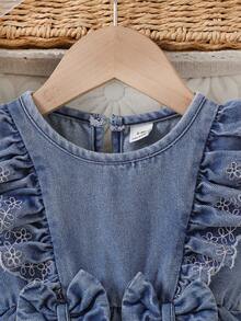 SHEIN Vintaside Kids Girls' Denim Dress With Lace Trim Ruffle Sleeves, Sweet Casual Pleated Waist For, Baby Girl - Blue - View 8
