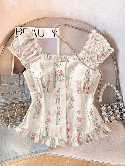 GlowEve CURVE Plusstorleksblus, söt och elegant vintageblommönster, åtsittande midja, bekväm och hudvänlig, bara axlar med volangkant, smickrande