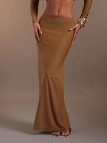 Hauture Brown Elastic Waistband Maxi Bodycon Skirt With Back Slit - Brown - View 2