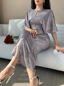 DAZY Women's Elegant Sequin Embellished Midi Dress, Summer - Grey - View 3