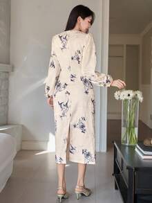 DAZY Women's Elegant Floral Print V-Neck Puff Sleeve Twist Dress, Spring/Summer - Purple - View 2