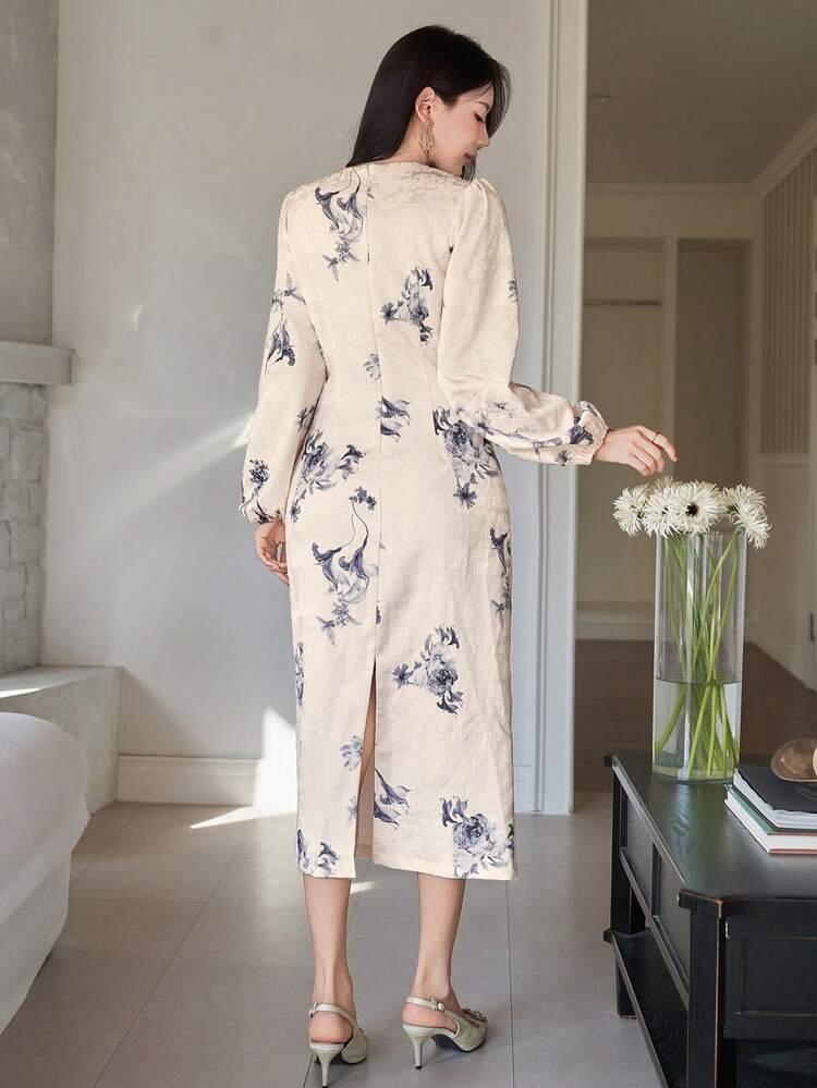 Women's Elegant Floral Print V-Neck Puff Sleeve Twist Dress, Spring/Summer Sundress