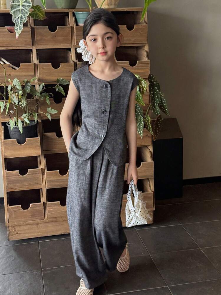 Tween Girl Solid Color Round Neck Button Front Shirt And Pants Elegant Outfit Summer