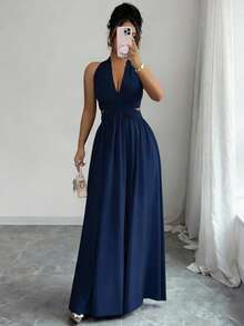 Rafferiza Đầm dài thanh lịch không tay cổ chữ V, thiết kế khoét eo, xếp ly, màu tím, hàng mới về mùa xuân/hè, đầm dài duyên dáng dành cho nữ. - Màu xanh hải quân - Xem 3