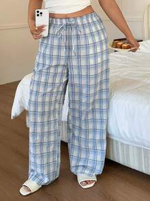 Dazy Plus 大码女式休闲格子印花睡裤 - 藍色 - 查看 6