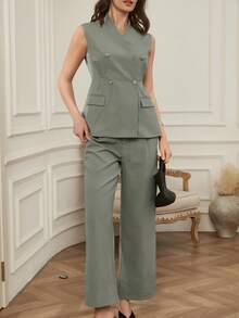 Dazy-Less 春夏修身休闲通勤职业套装，短款上衣搭配直筒裤，优雅通勤复古风，女士之选 - 綠色 - 查看 7