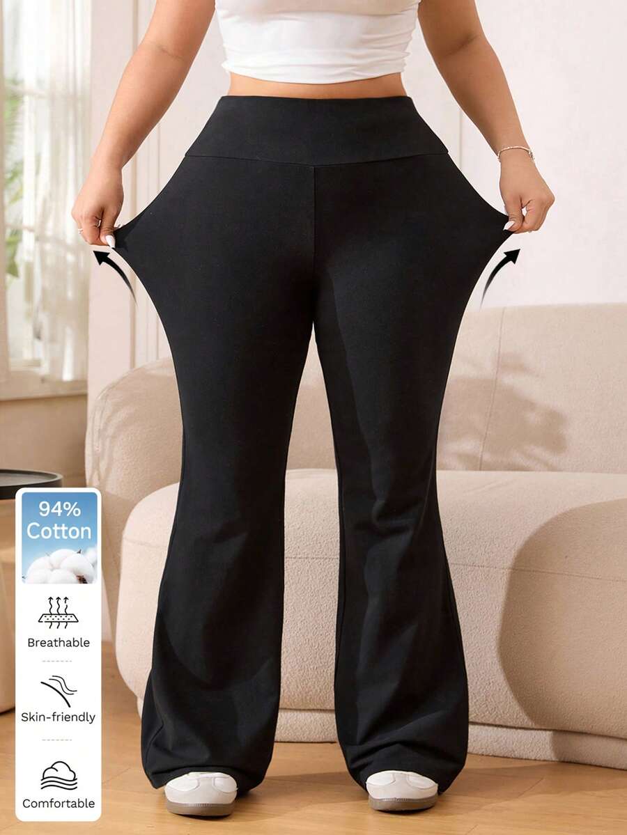 Solflare Plus Size Women High Waist Stretchy Casual Flare Pants, Versatile, Spring/Summer - Black - View 1